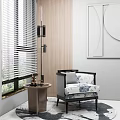 Modern Accent Chair with Blue White Floral Cushion by Window Blinds and Floor Lamp