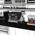 Functional Coffee Shop Counter With Marble Top Coffee Machine Display Shelves And Green Plant