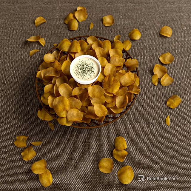 Crispy Potato Chips With Bowl Of Dip In Basket And Scattered Around 3d model 