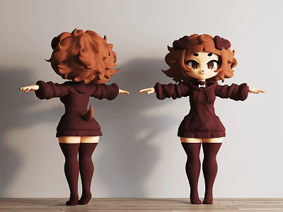 3D Game and Movie Character with Brown Curly Hair Hoodie Dress and Knee High Socks 3d model