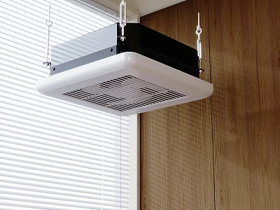 Ceiling Mounted Air Conditioner Fan In Indoor Space With Wooden Wall And Window Blinds 3d model