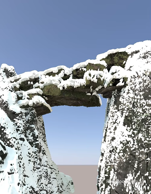 Scenic Snow Covered Stone Arch Between Rocky Cliffs Under Clear Blue Sky 3d model 