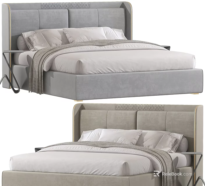 Elegant Modern Double Bed With Grey Upholstered Headboard And Soft Bedding 3d model