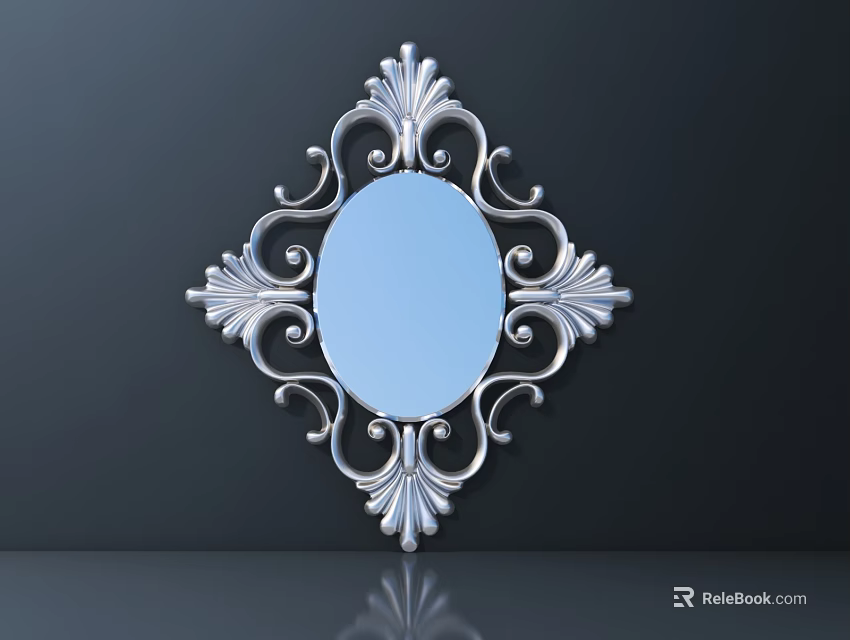 Ornate Carved Silver Mirror with Oval Glass and Diamond Shaped Frame on Dark Background 3d model 