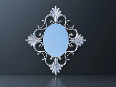 Ornate Carved Silver Mirror with Oval Glass and Diamond Shaped Frame on Dark Background 3d model