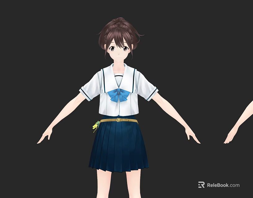 Anime Game Character With Brown Hair White Blouse Blue Bow And Blue Pleated Skirt 3d model 