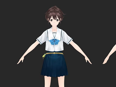 Anime Game Character With Brown Hair White Blouse Blue Bow And Blue Pleated Skirt 3d model