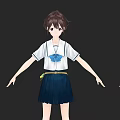 Anime Game Character With Brown Hair White Blouse Blue Bow And Blue Pleated Skirt