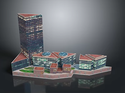 Modern Architectural Complex Featuring Tall Building Low Rise Structures Red Roofs and Glass Curtain Walls 3d model