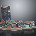 Modern Architectural Complex Featuring Tall Building Low Rise Structures Red Roofs and Glass Curtain Walls 3d model