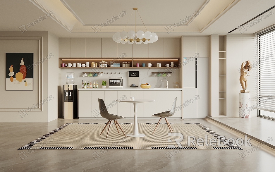 Tea Room Refrigerator Cabinet Cabinet Negotiation Table and Chair Leisure Table and Chair Water Dispenser Cup Hanging Picture model