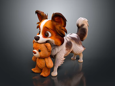 Cute Papillon Dog Snuggling With Brown Teddy Bear Stuffed Toy 3d model