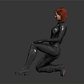 Woman With Red Hair In Black Tight Suit Kneeling Pose With Belt And Gloves