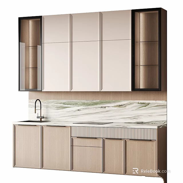 Modern Kitchen Interior Design With Marble Countertop Faucet And Stylish Cabinets 3d model 