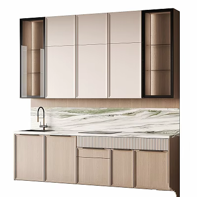 Modern Kitchen Interior Design With Marble Countertop Faucet And Stylish Cabinets 3d model