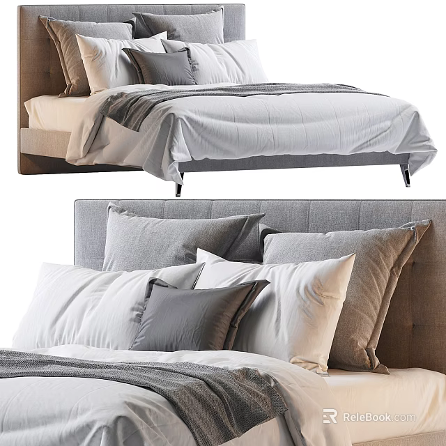 Modern Double Bed With Upholstered Headboard And Plush Neutral Pillows 3d model