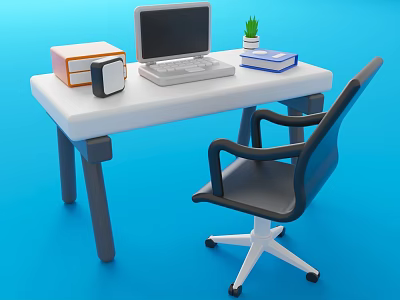 Home Office Desk Setup With Computer Speaker Books Potted Plant And Ergonomic Chair 3d model