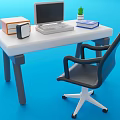 Home Office Desk Setup With Computer Speaker Books Potted Plant And Ergonomic Chair
