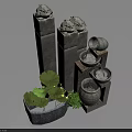 Stone Pillars And Tiered Water Features With Metal Basin And Lotus Leaves In Garden Decorations