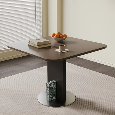 Modern Dark Dining Table With Marble Base Books Bowl Of Oranges And Coffee Cup In Light Room 3d model