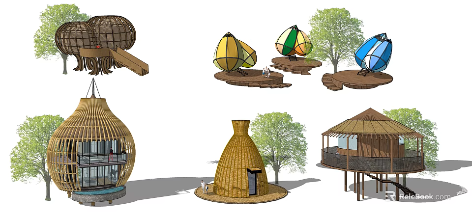 Unique Outdoor Architectural Structures In Various Shapes With Colorful Canopies Bamboo And Trees 3d model 