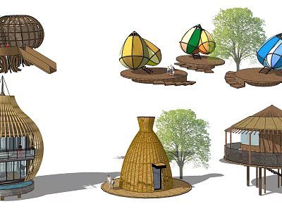 Unique Outdoor Architectural Structures In Various Shapes With Colorful Canopies Bamboo And Trees 3d model