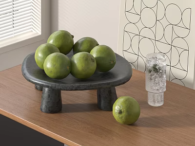 Fresh Green Limes Arranged On Black Stone Tray With Glass Cup And Geometric Wall Art 3d model