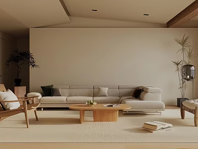 Modern Living Room Interior With Light Sofa Wooden Coffee Table Armchair And Plants 3d model