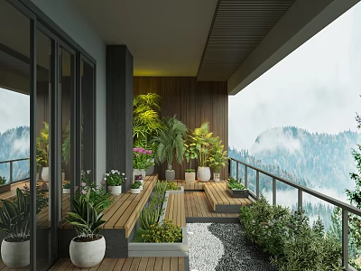 Balcony Garden With Wooden Deck Potted Plants Glass Doors And Mountain View 3d model