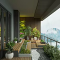 Balcony Garden With Wooden Deck Potted Plants Glass Doors And Mountain View