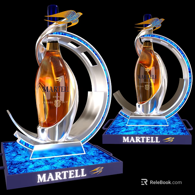 Martell Bottles and Whiskey Glasses with Amber Liquid in Silver Curved Stands on Blue Bases 3d model 