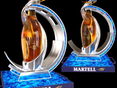 Martell Bottles and Whiskey Glasses with Amber Liquid in Silver Curved Stands on Blue Bases 3d model