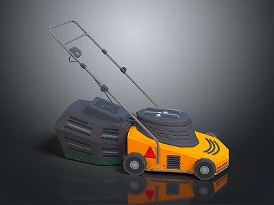 Yellow And Black Functional Lawn Mower With Handle Grass Collection Bag And Wheels For Garden Care 3d model