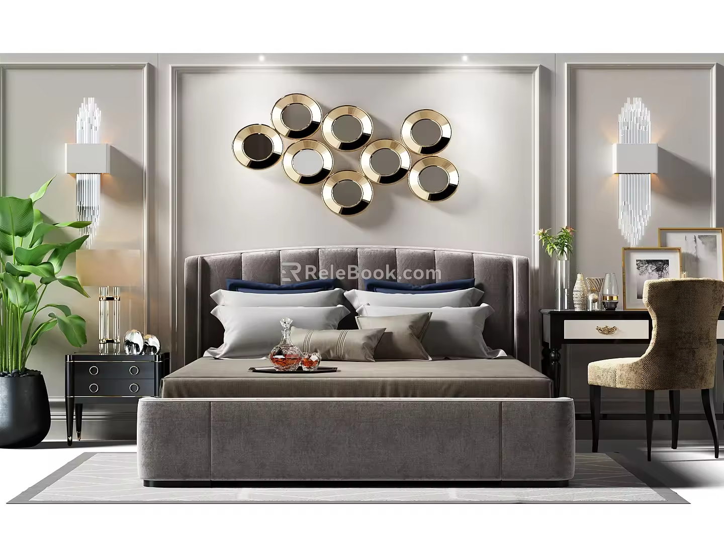Modern background double bedside background wall double bed combination 3d model