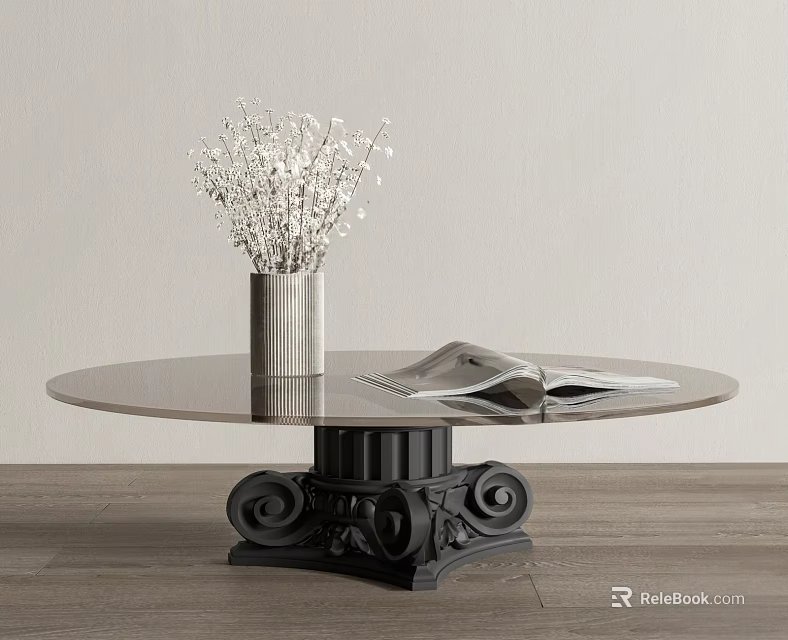 Round Glass Top Coffee Table With Black Carved Base And Decorative Vase 3d model 