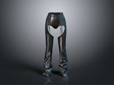 Stylish Black Leather High Waisted Pants With Flared Legs And Unique Cut Design 3d model