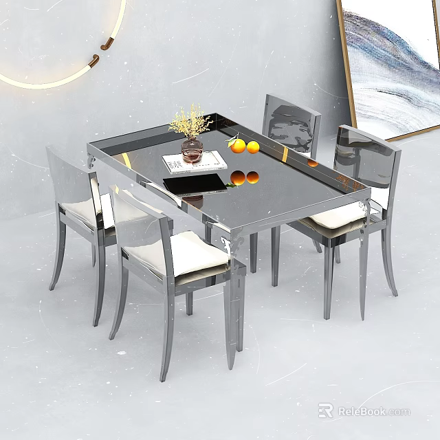 Modern Dining Table Set With Glass Top Acrylic Chairs And Vase With Lemon Fruits 3d model 