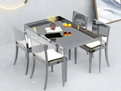 Modern Dining Table Set With Glass Top Acrylic Chairs And Vase With Lemon Fruits 3d model