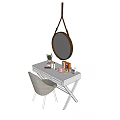 Modern Dressing Table With Hanging Round Mirror And Gray Chair For Cosmetics