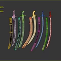 Weapon Collection of Multiple Curved Swords with Various Colors and Different Materials