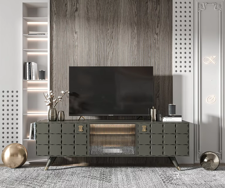 Modern TV Wall with Wooden Slat TV Stand Green Drawers Decorative Vase and Metal Decor 3d model 
