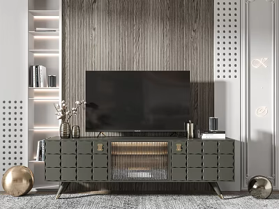 Modern TV Wall with Wooden Slat TV Stand Green Drawers Decorative Vase and Metal Decor 3d model