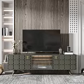 Modern TV Wall with Wooden Slat TV Stand Green Drawers Decorative Vase and Metal Decor