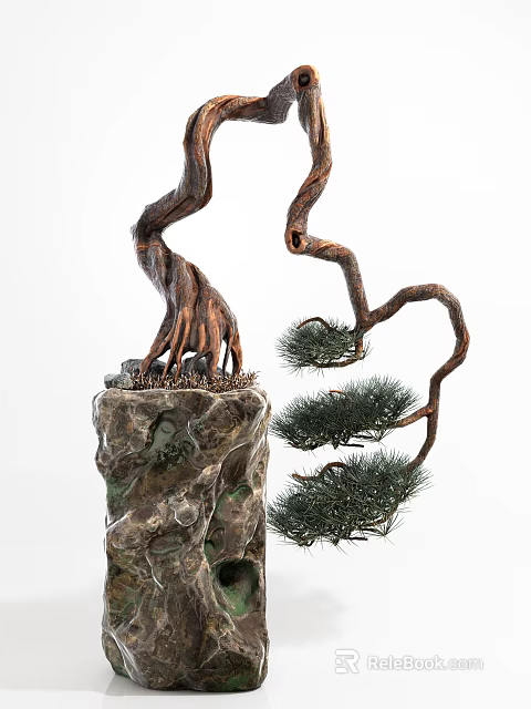 Artistic Bonsai Plant with Twisted Branches Green Pine Needles and Rock Base 3d model 