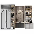 Modern Wardrobe Interior Setup With Wooden Bookshelves Decorative Mirror And Ornaments