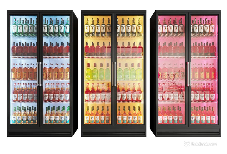 Three Glass Door Display Refrigerators Stocked With Colorful Bottled Beverages 3d model 