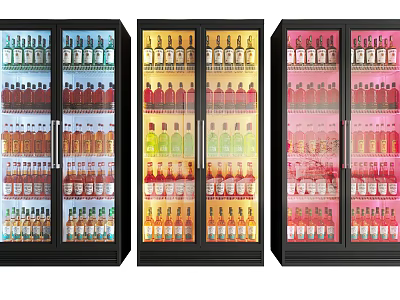 Three Glass Door Display Refrigerators Stocked With Colorful Bottled Beverages 3d model