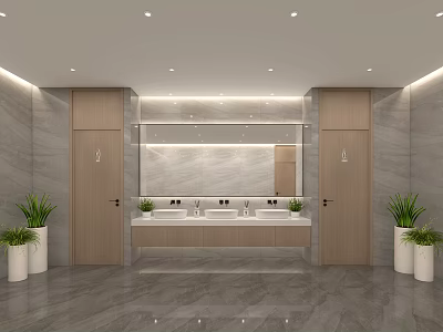 Modern Public Toilet Interior With Marble Countertop Mirror And Green Plants 3d model