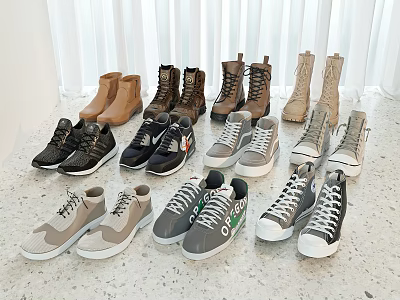 Various Boots Sneakers In Black Brown Gray Beige On Light Marble Floor With White Curtains 3d model