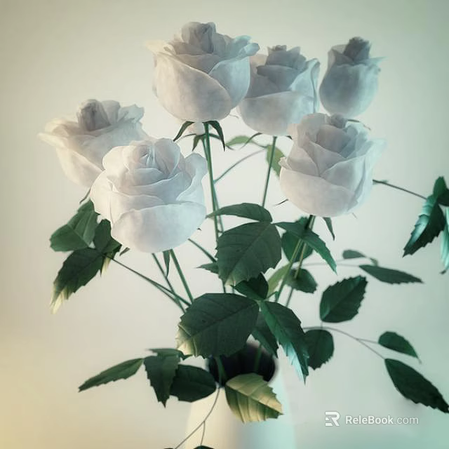 Fresh White Roses Arrangement in Vase with Green Leaves and Stems 3d model 
